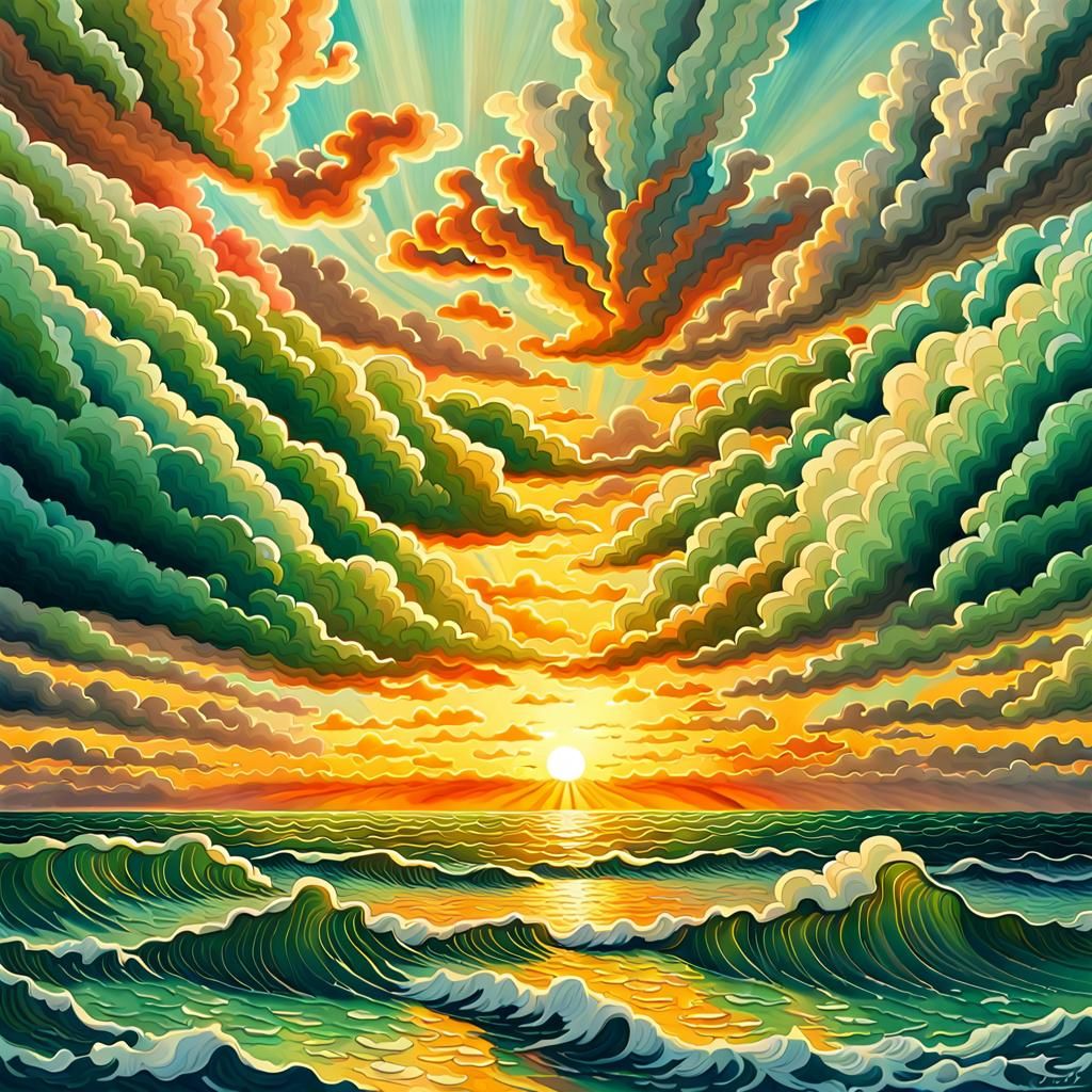 colorful vibrant Sunset over the ocean, Rays of Sunlight peaking through the clouds | 16k resolution, 64 megapixels, epic maximalist landsca...