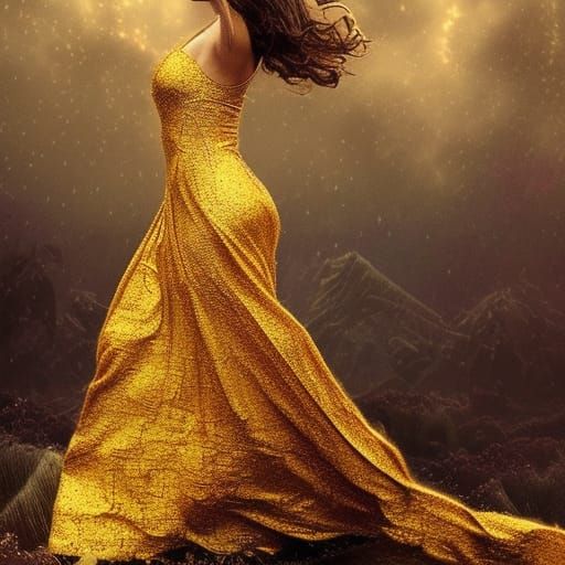 Woman flowers gold leaf dress
