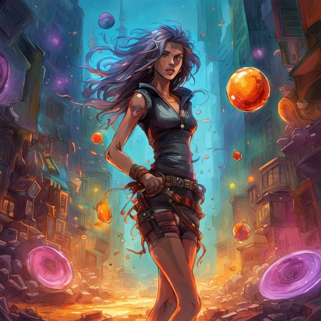 Photograph of beautiful teenaged sorceress in cyber punk clo...
