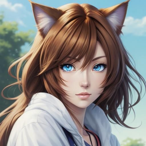 Cute Anime Cat Girl with short light brown hair and blue eyes - AI ...