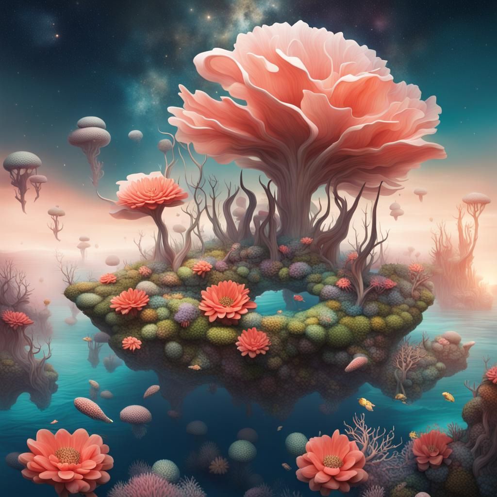 Create a surreal scene featuring giant flowers sprouting fro...