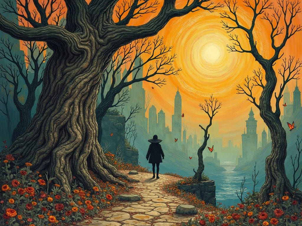 Leave the past behind and venture forward into a new land, intricately detailed Unreal Engine Gustav Klimt Roger Dean Tim Burton maximalism...