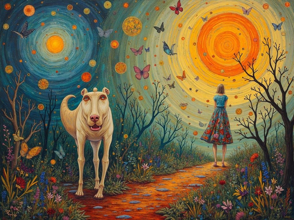 Leave the past behind and venture forward into a new land, intricately detailed Unreal Engine Gustav Klimt Roger Dean Tim Burton maximalism...