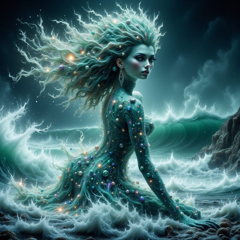 <lora:Dreamy Enchantment:1.0> <lora:Abstract Reality:1.0> Create a tall Caucasian woman waist deep in the violent ocean near the shore who e...