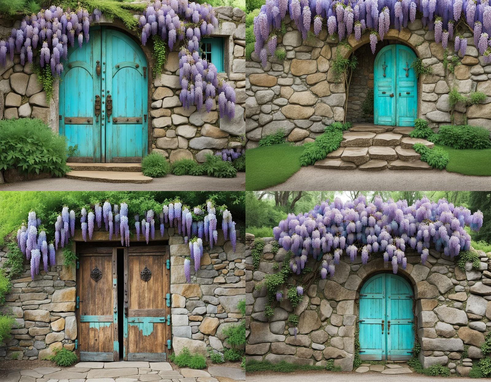 Old world rock wall with a large double door that is turquoi...