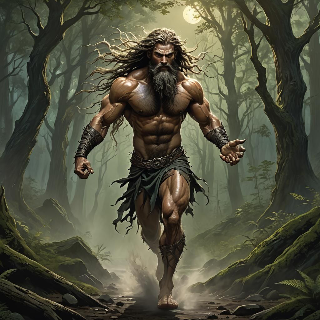 Savage Barefoot einherjar running free through moonlit woods...