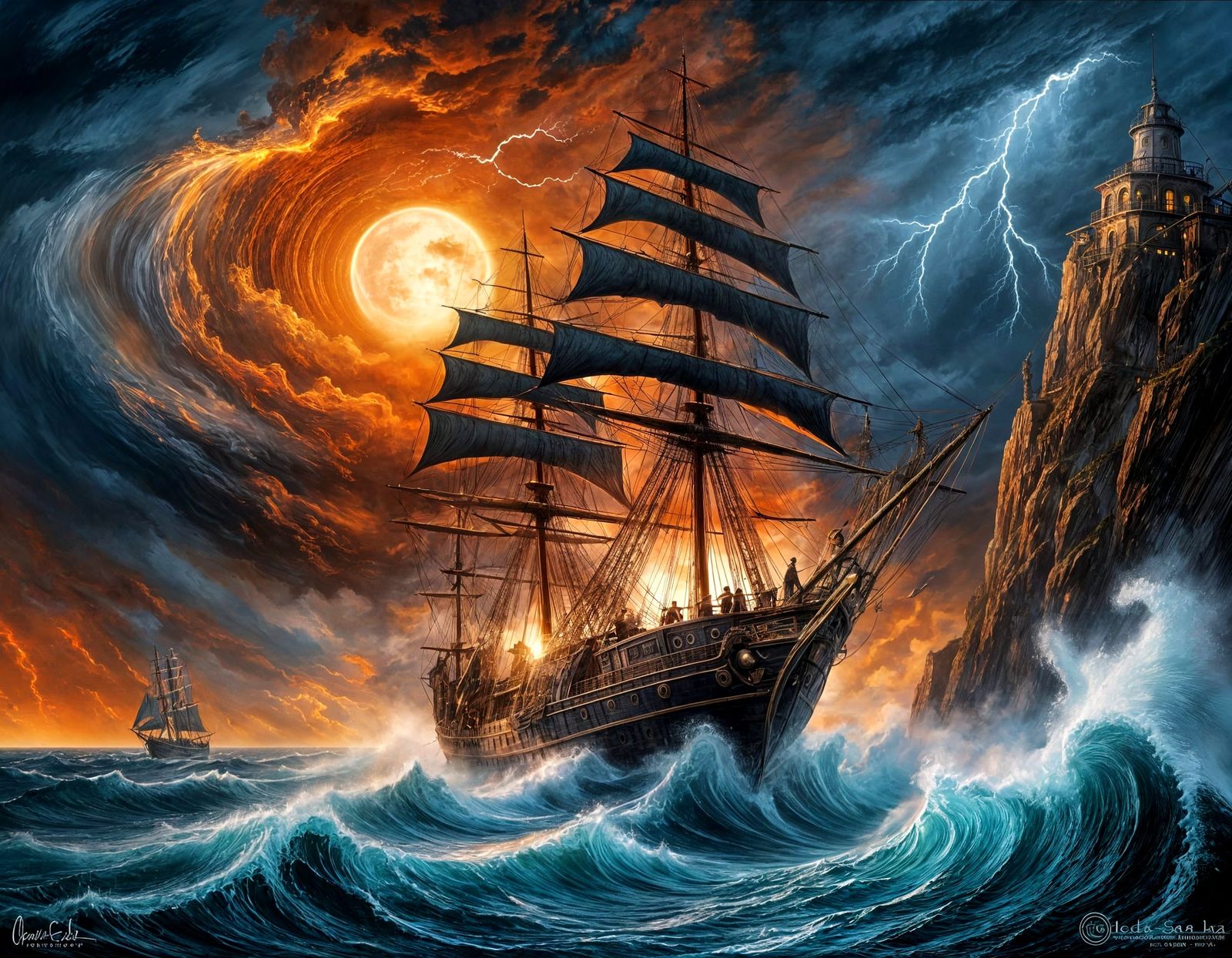 battling the Waves in the stormy bright night  by @Steamcraft Sketcher