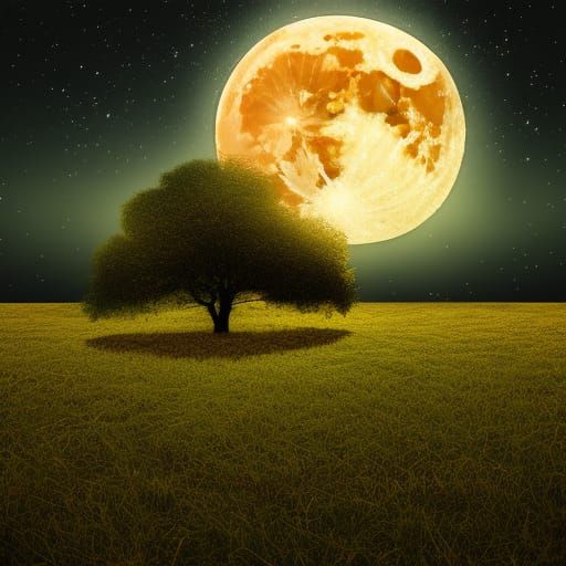 Full Moon Glow of A Tree in a Field at Night - AI Generated Artwork ...