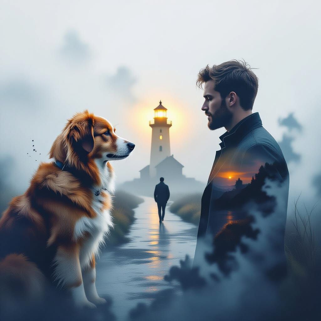 Surreal, dreamlike, out-of-focus double exposure: a detailed portrait of a dog and a man softly blending ...  by @Hani1