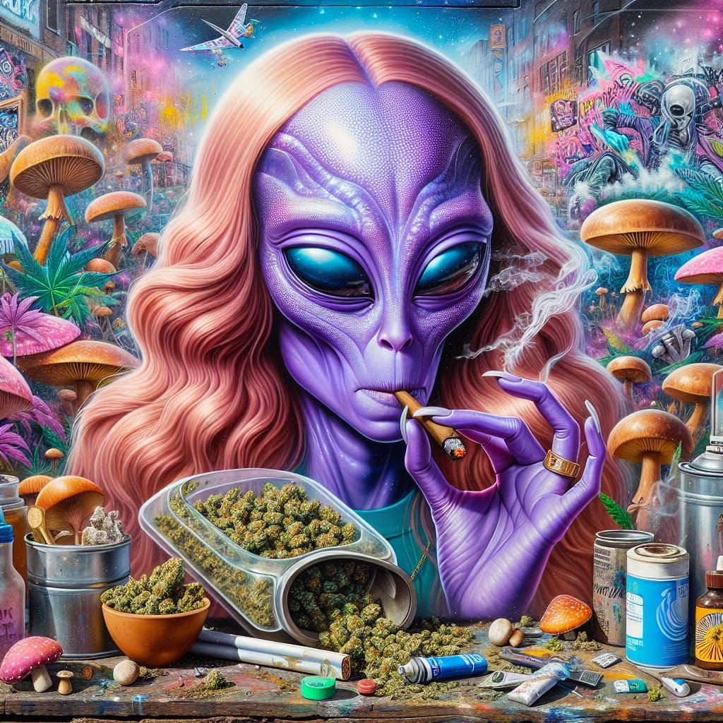 purple Realistic woman Alien with strawberry blond hair
