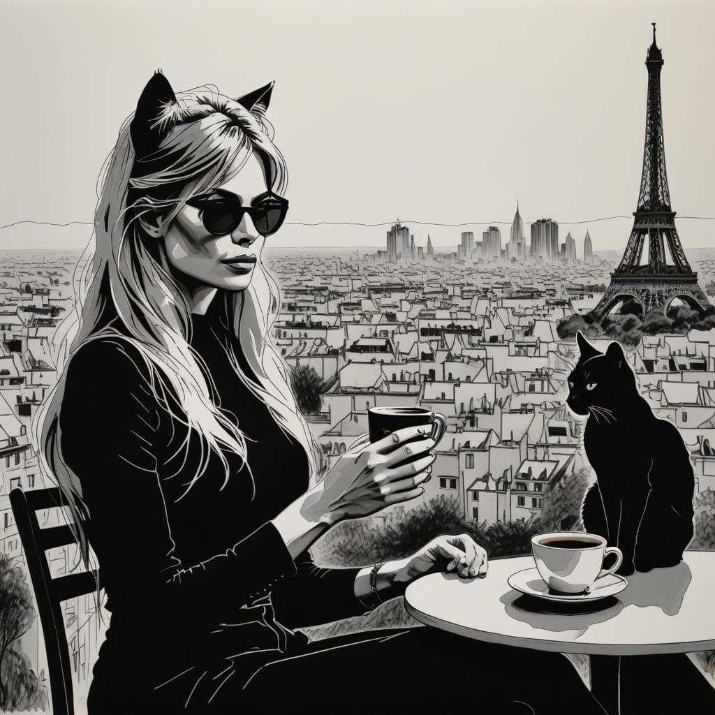 Surrealistic minimalistic sketch using 2 lines to draw . An abstract artistic crayon extreme minimalistic sketch of Brigitte Bardot drinking...