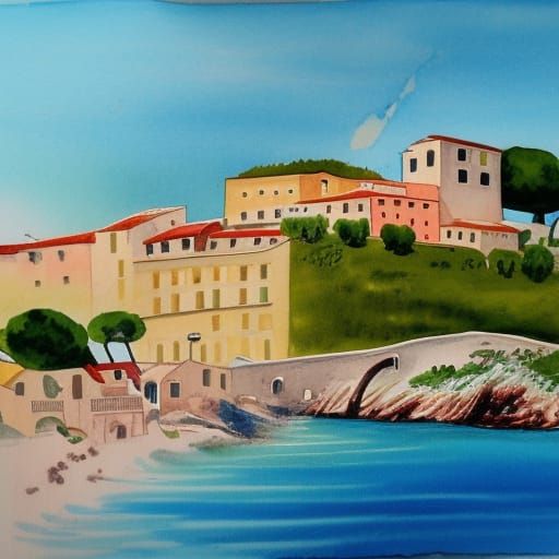 watercolor of an old Italian coastal village