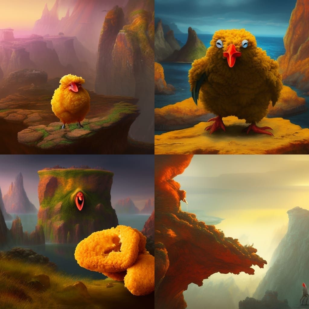 sentient chicken nugget with legs standing on a cliff AI Generated Artwork NightCafe Creator