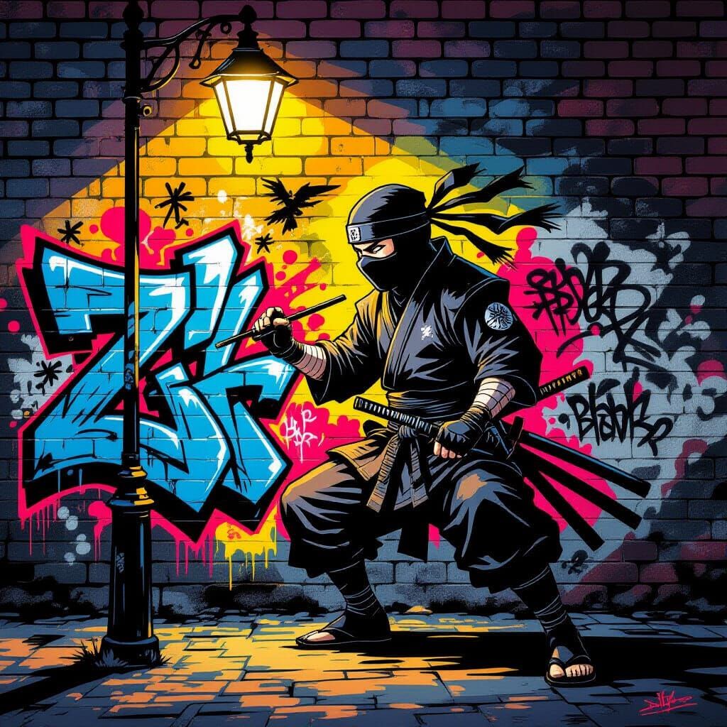 Ninja Artist Paints Vibrant Graffiti on Brick Wall