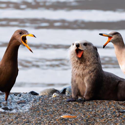 Two seagulls arguing while an otter cries