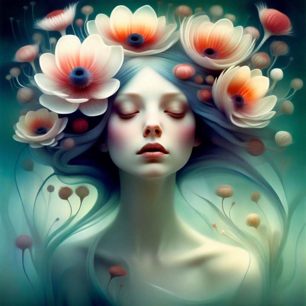 Portrait of a girl with flowers in her hair.