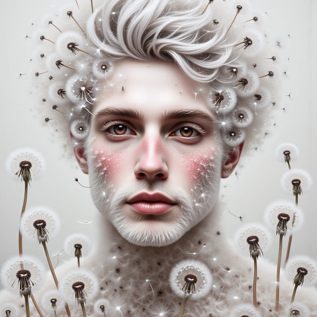<lora:EtherealDandelion:1.0>A  man made entirely of dandelion puff, his hair is made entirely of white clustered dandelions, his face has so...