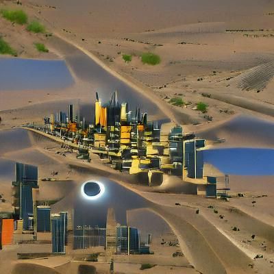 solar eclipse over a futuristic desert city