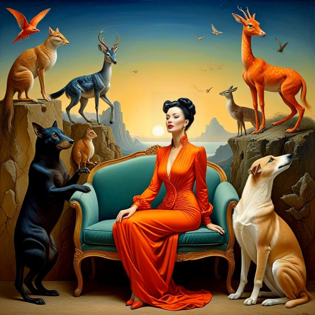 Surrealistic Portrait of a Happy Woman in a Whimsical Scene