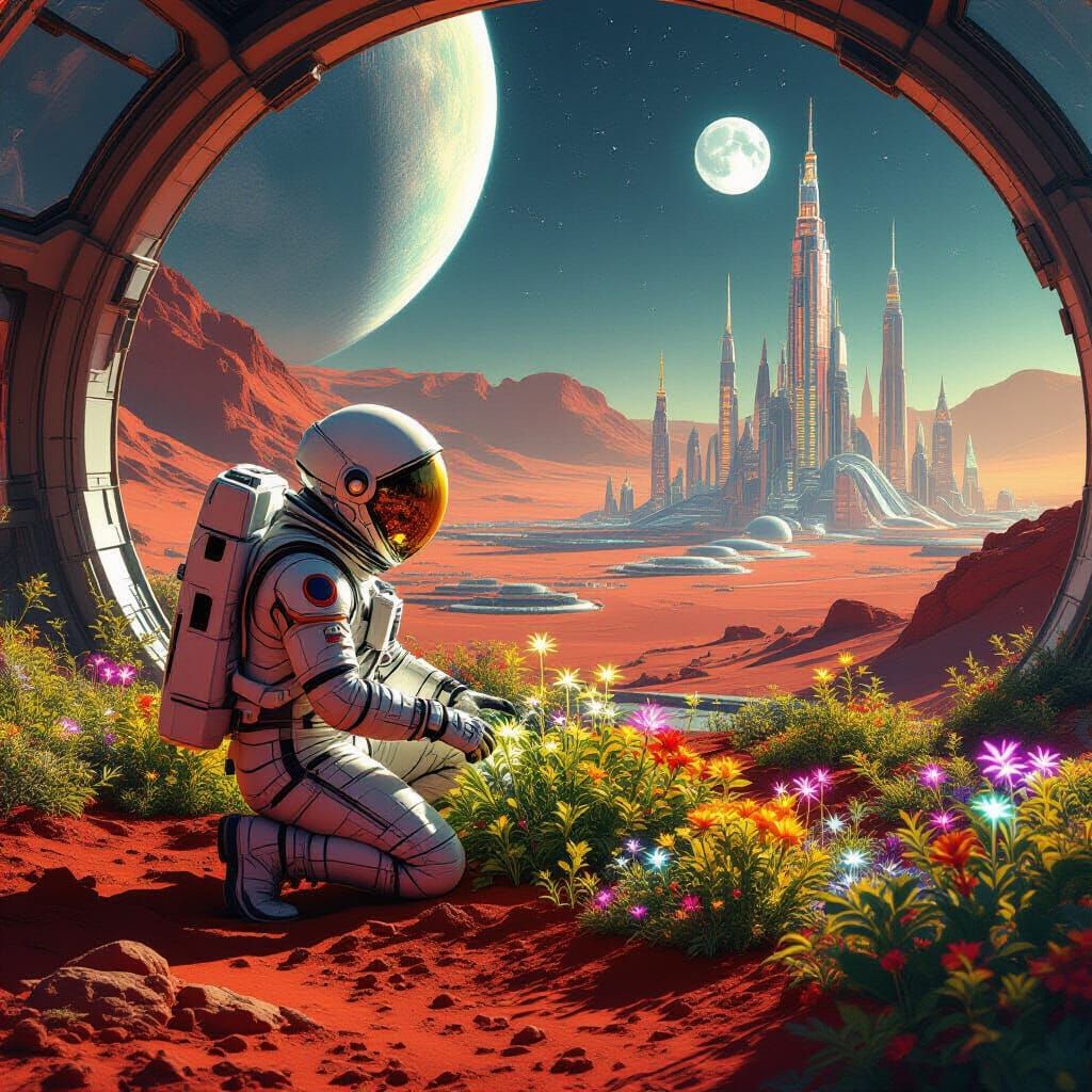 A lone astronaut tending to a bioluminescent alien garden within a vast, crystalline biodome on Mars. ...  by @undefined