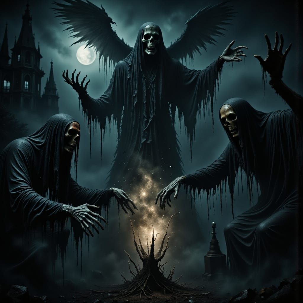 Gothic Figures Tear Celestial Artifact in Moonlit Dread