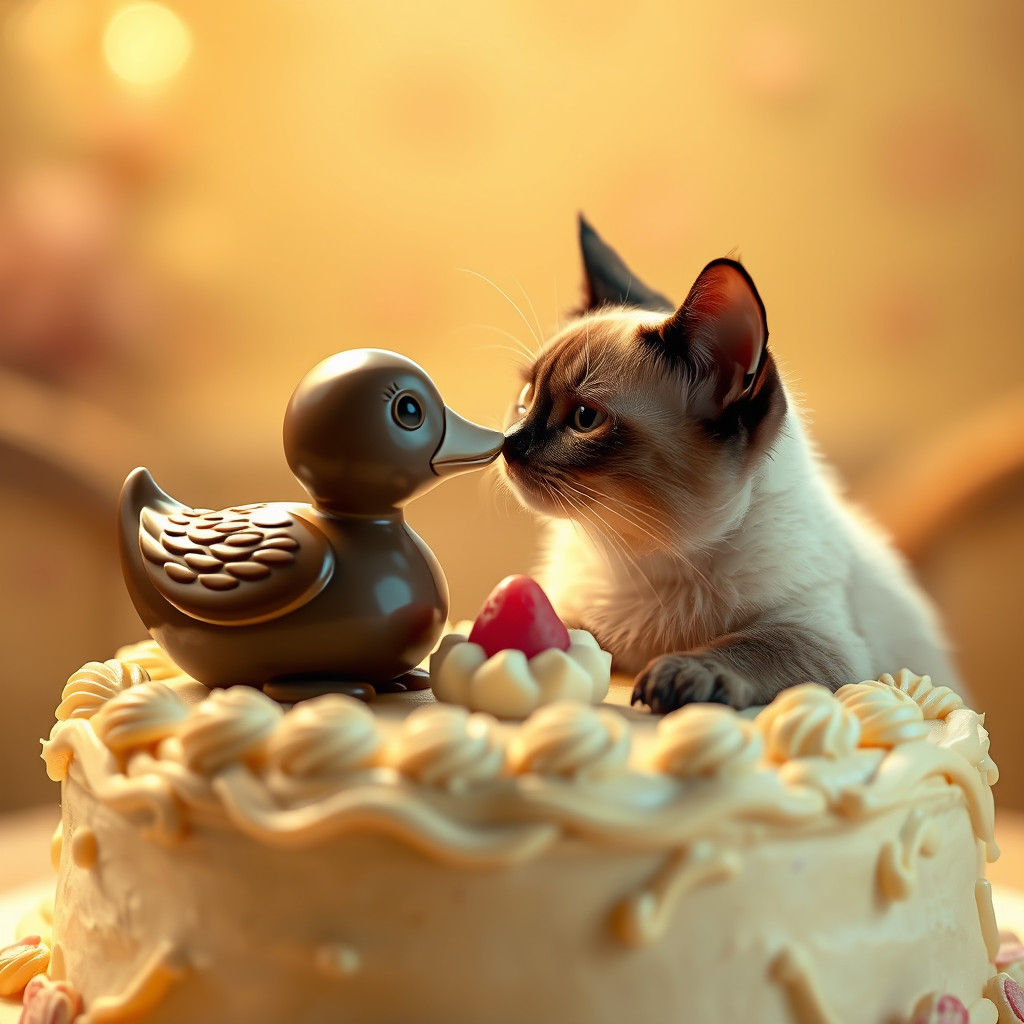 Chocolate Duck Kisses Cat on Cake Table