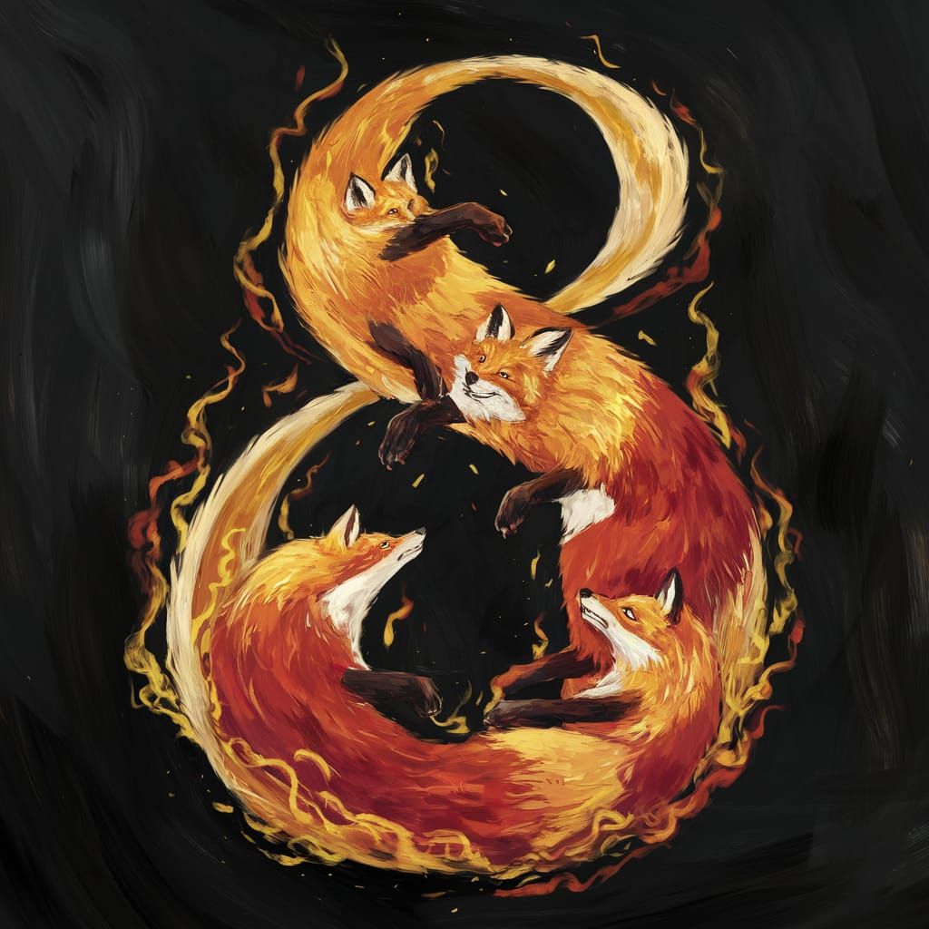 An elaborate script "8" formed out of gold and red foxes, firey, detailed brushwork painting   by @SirEdmund