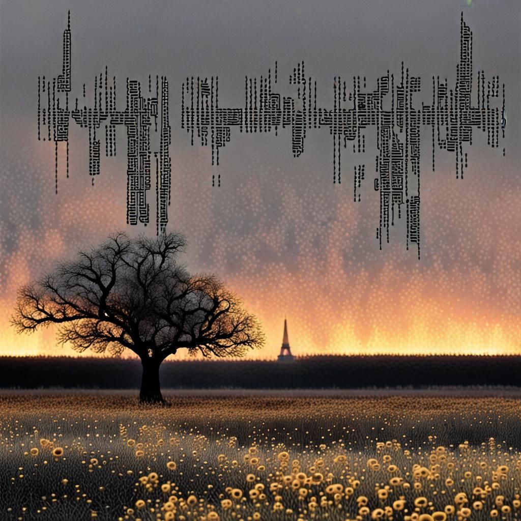 Surreal Analog Matrix Landscape with Smoke and Trees