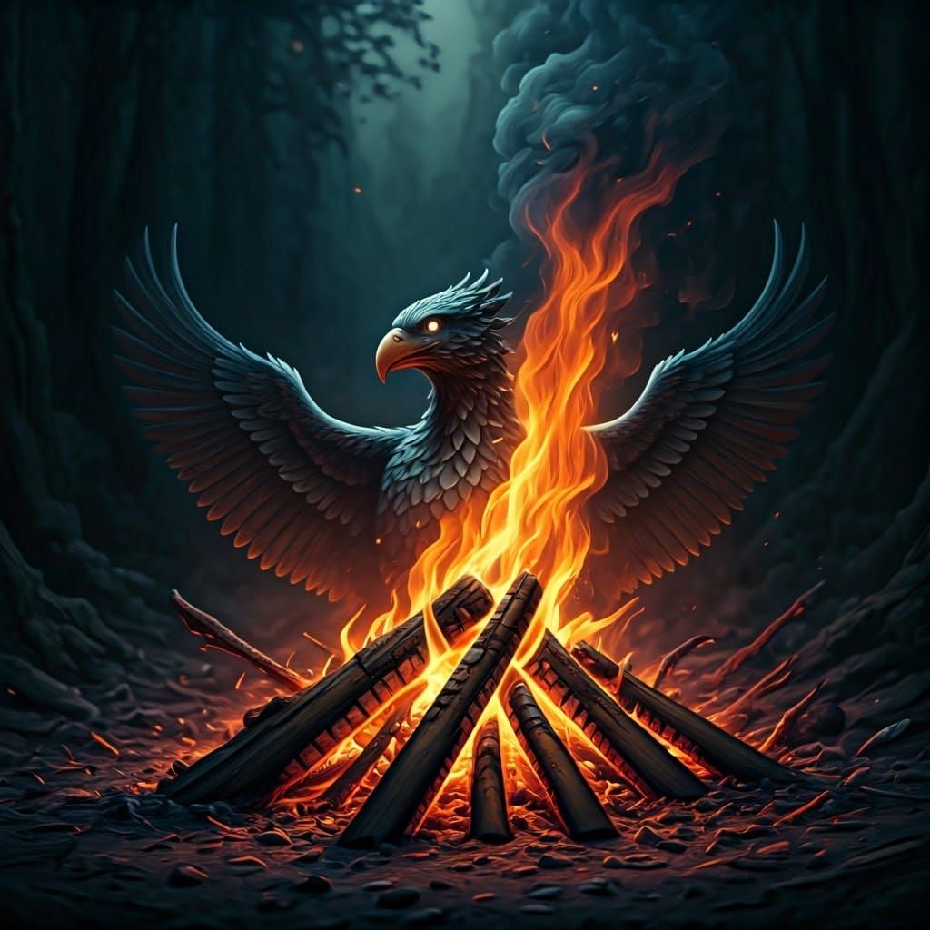 Campfire Garuda Double Exposure: Mystical Evening Scene