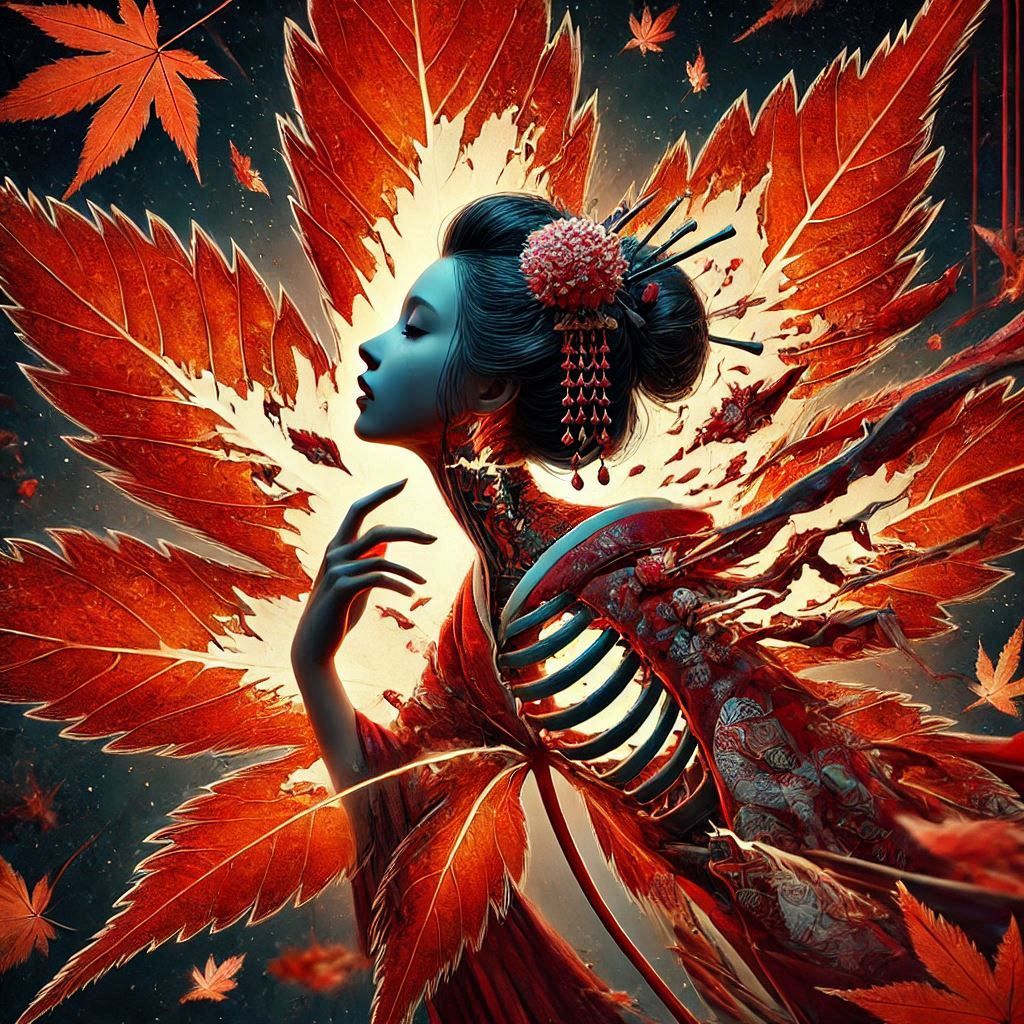 Double exposure Geisha and maple leafs