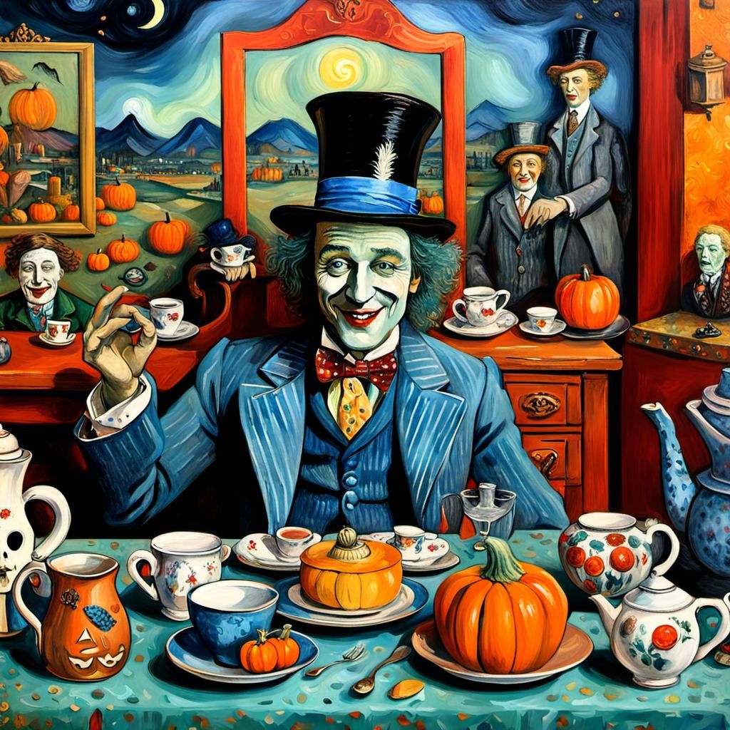 a poignant scene of a halloween tea set scary anthropomorphic art deco jewelry, a hatter laughing & crying in a life-like dollhouse setting,...