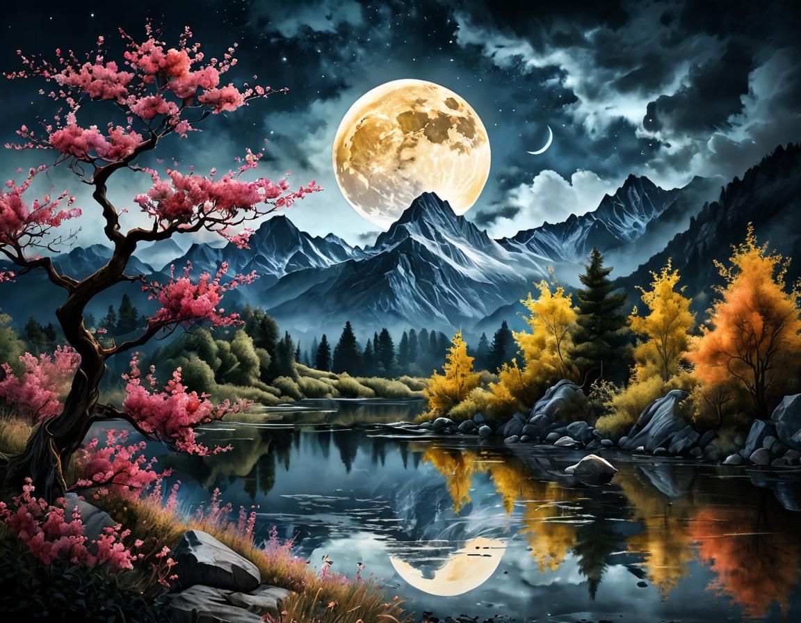 Watercolour, The moon, bright and glowing with mountains and clouds beautiful and significant. With flowers and vines dark and beautiful.