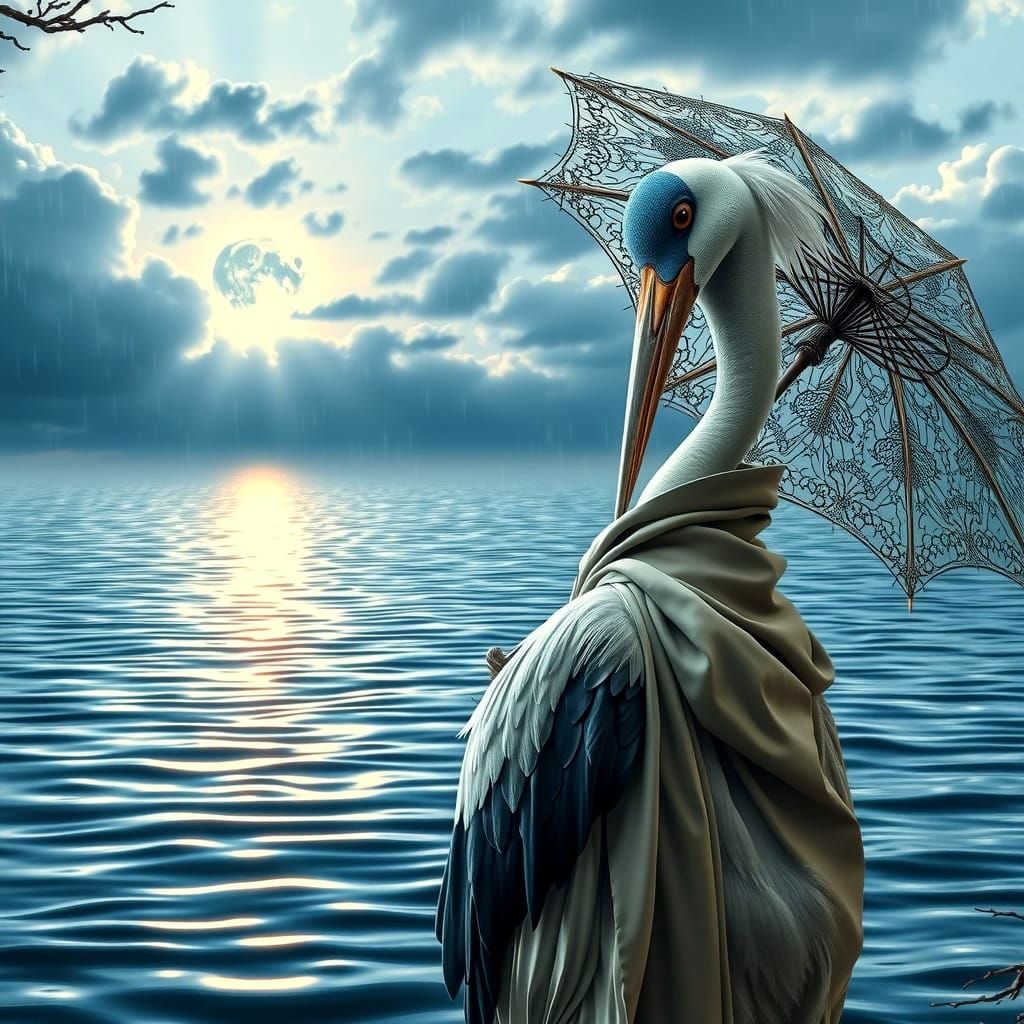 Ethereal Crane in Rainy Lagoon at Full Moon