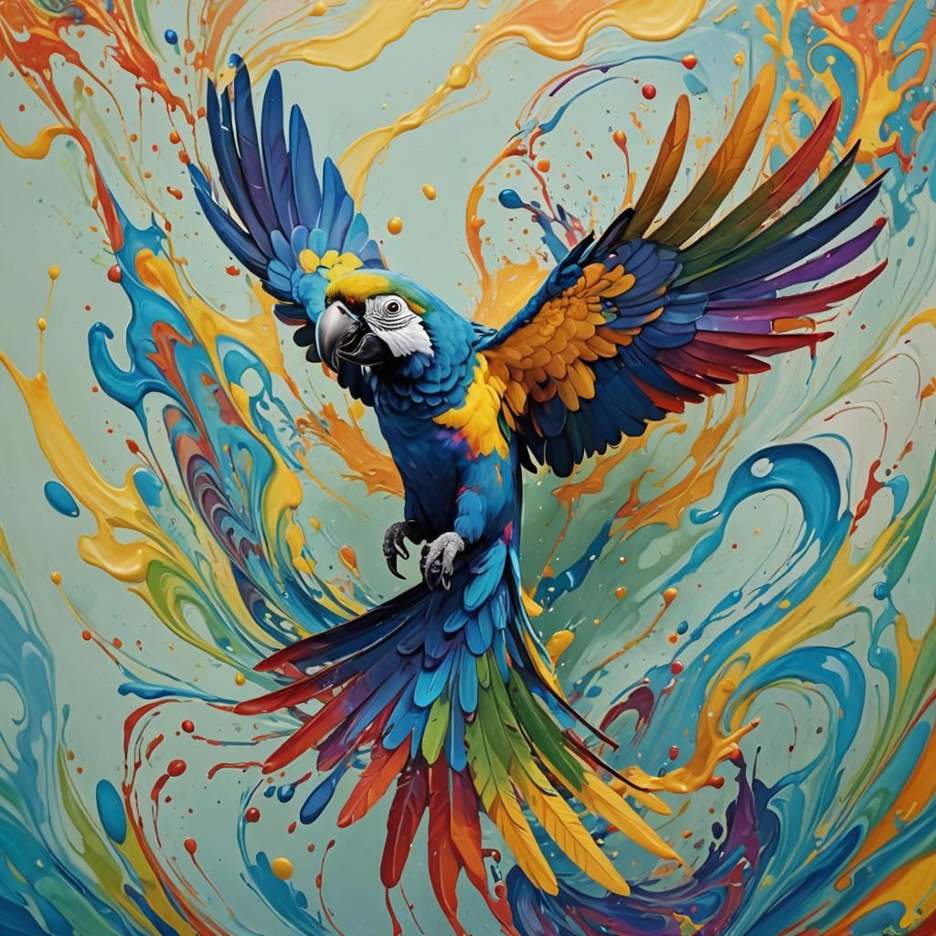 Prompt: Create an image of a McCaw parrot rising out of a po...