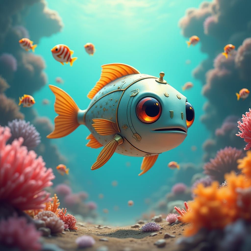 Adorable Fish Robot in Vibrant Coral Reef
