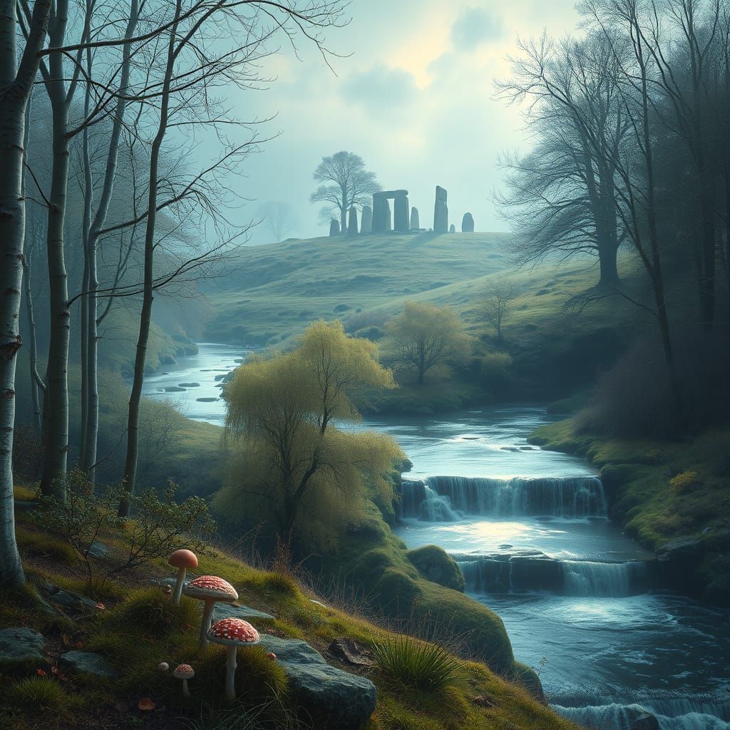 A mystical Celtic landscape, with a copse of silver birch, elm, and young oak trees to the left, and a small henge of standing stones in the...