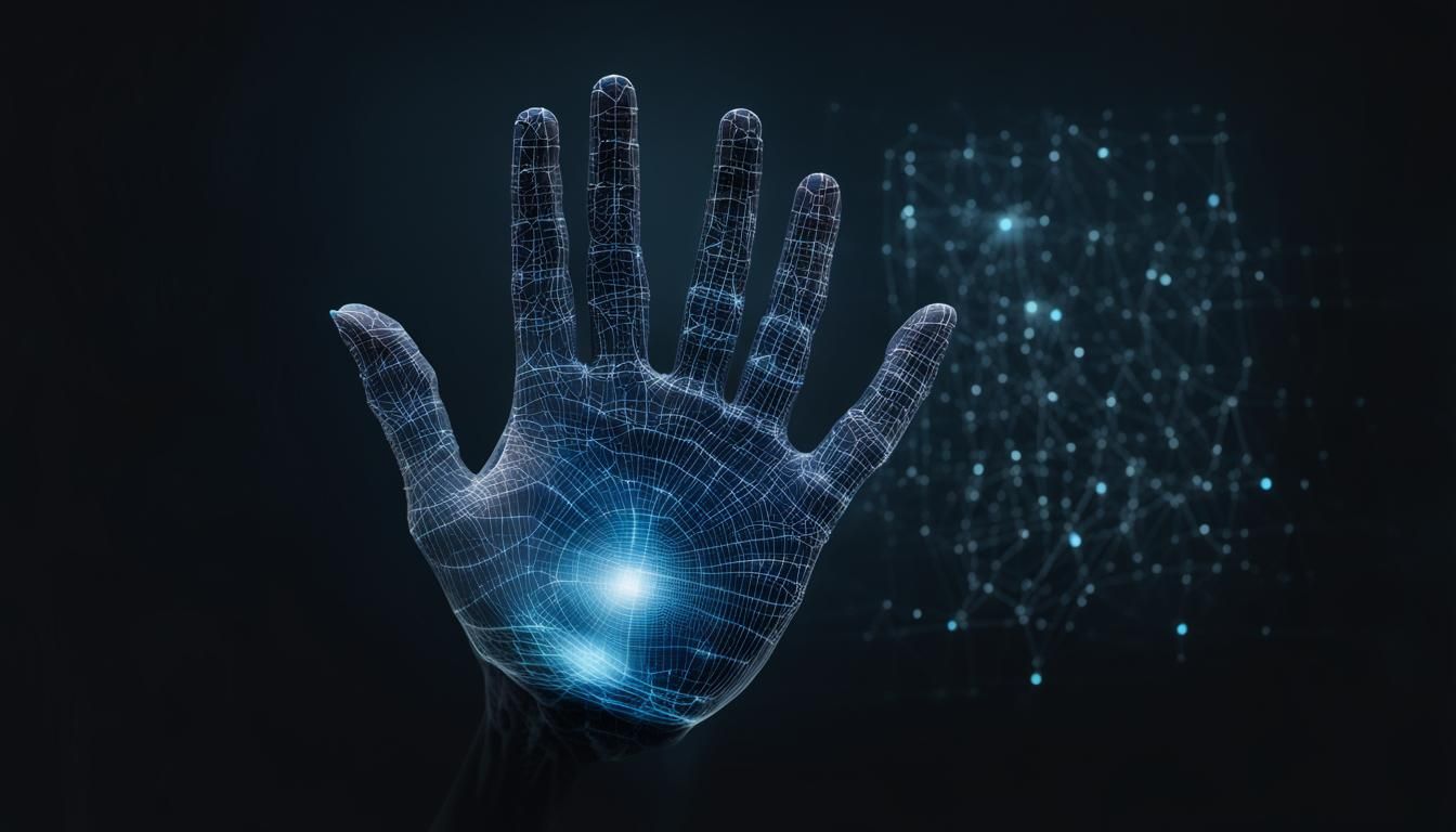 Digital hand hologram on dark background with copy space. Ne...