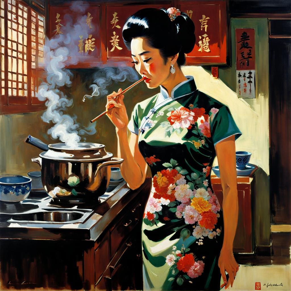 A middle-aged Chinese woman wearing a qipao dress with a flo...