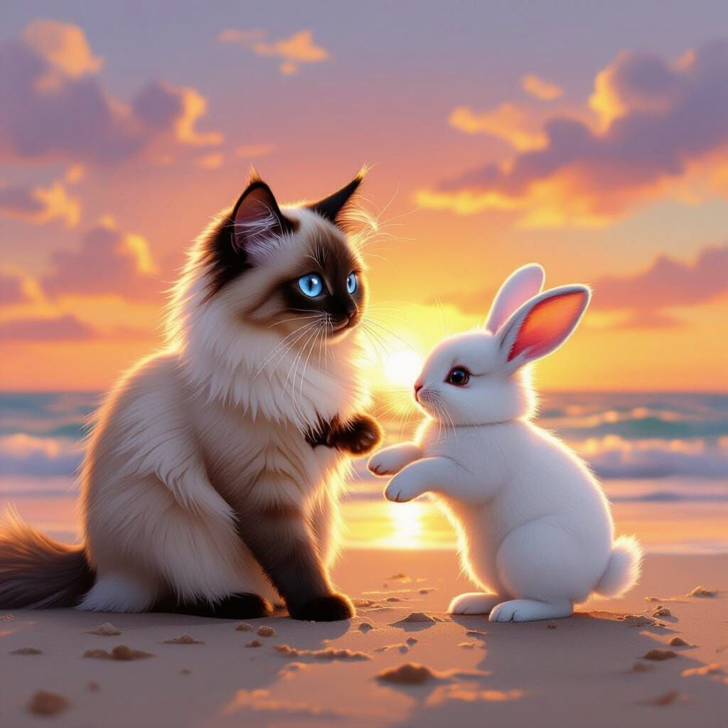 Siamese Cat and Bunny Play on Sunset Beach