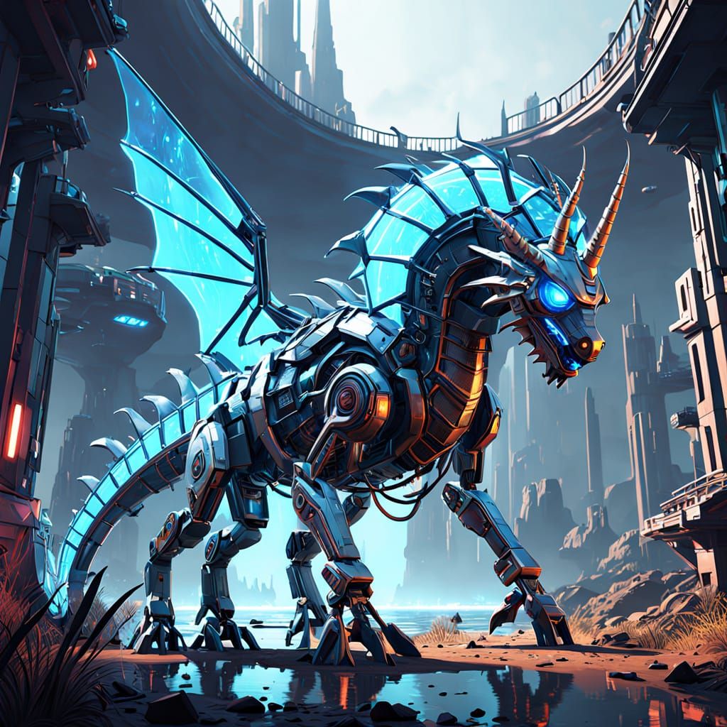 Cybernetic Sea Dragon in Futuristic Battle Pose