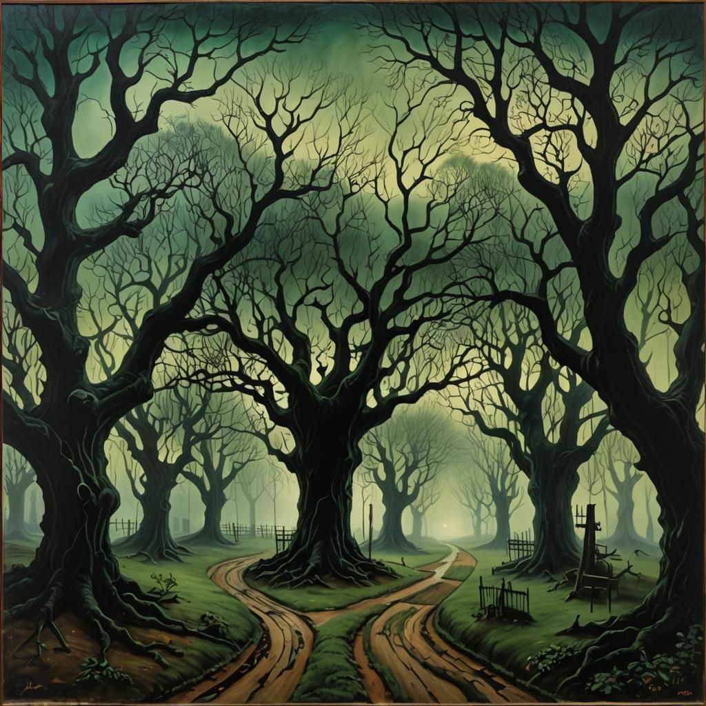 Deep dark black night, branches of trees outstretching and r...