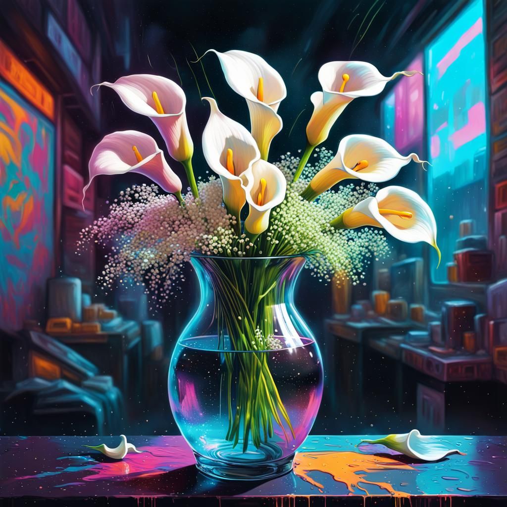 colorful Calla Lillies and baby's breath in a vase, graffiti...