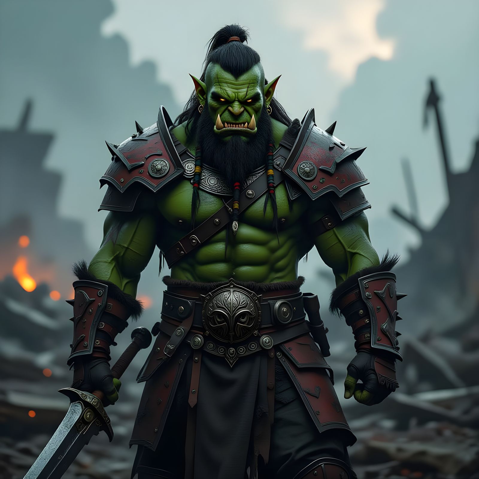 Orc Warchief on Battlefield in Dark Fantasy Style - AI Art