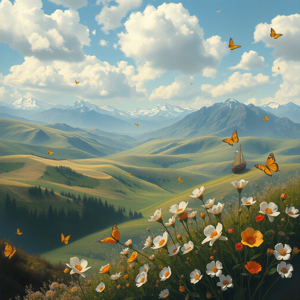 Mystical Sailboat Approaches Ancient Floral Land