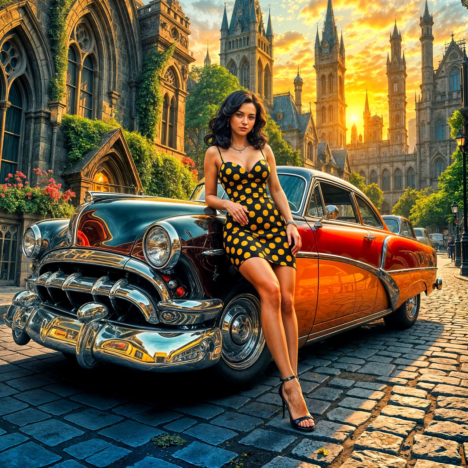 Mid Century Rockabilly Goddess in a Fantastical City