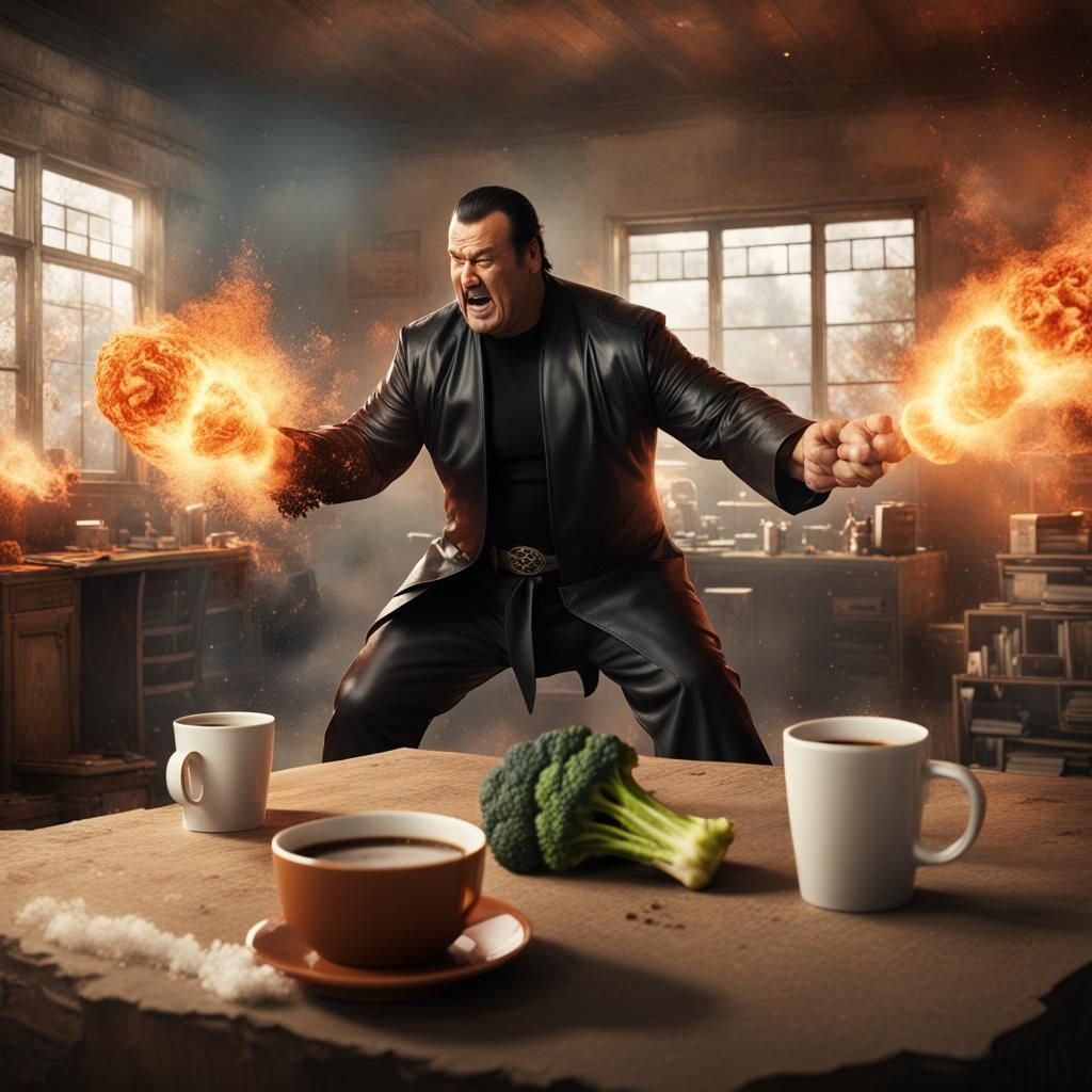 steven seagal fights his brother steven seagals over a coffee :: pro wrestling :: IKEA background :: brocoli explosions