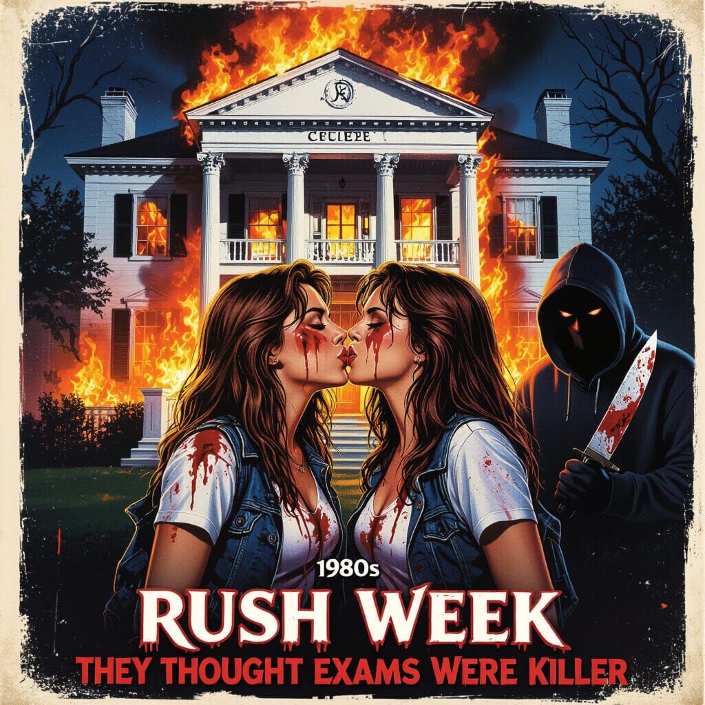A 1980s style movie poster that says "Rush Week" above the image of two attractive college waged women kissing, they are both covered in blo...
