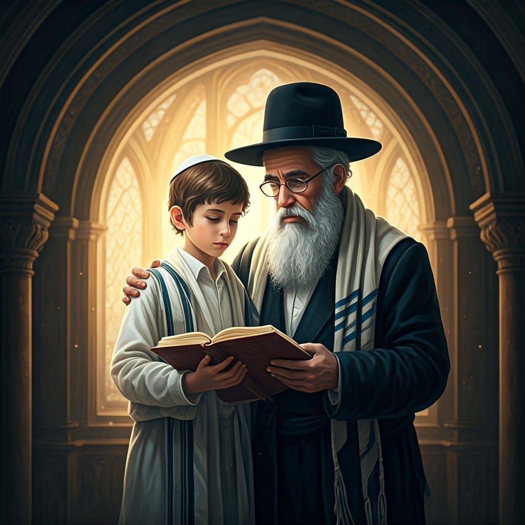 Chasidic Boy Points to Torah in Fantasy Art Style