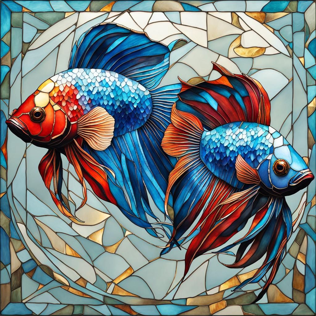Stained glass Mosaic of two colorful betta fish AI Generated Artwork