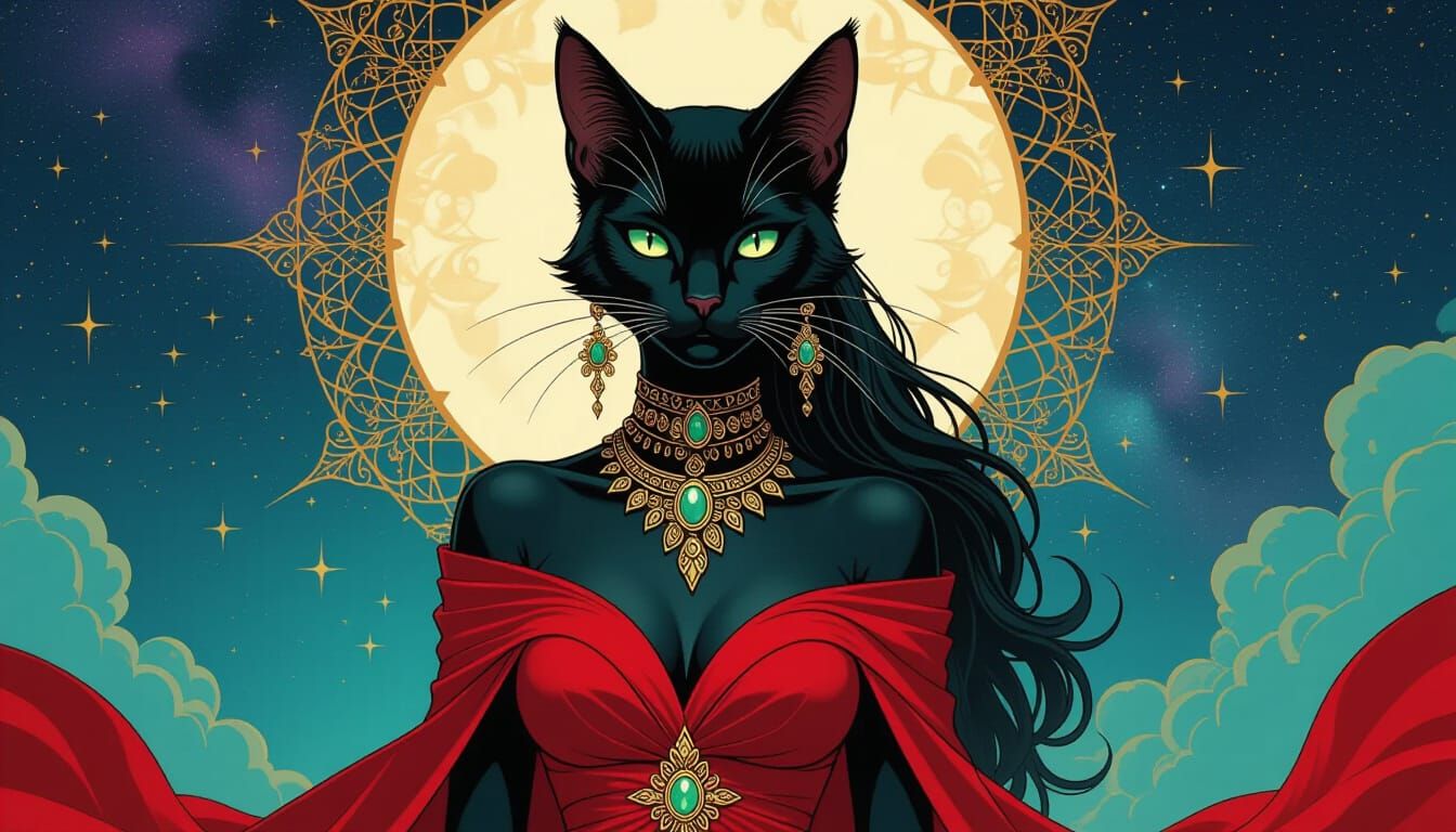 Envision a captivating scene of a humanoid-feline hybrid with striking emerald eyes and sleek ebony fur, adorned with intricate gold jewelry...